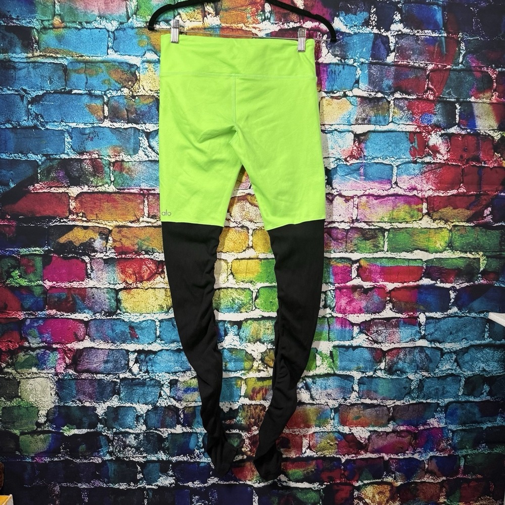 ALO Yoga Women's Neon Green Black Goddess Leggings Sz Small Ruched